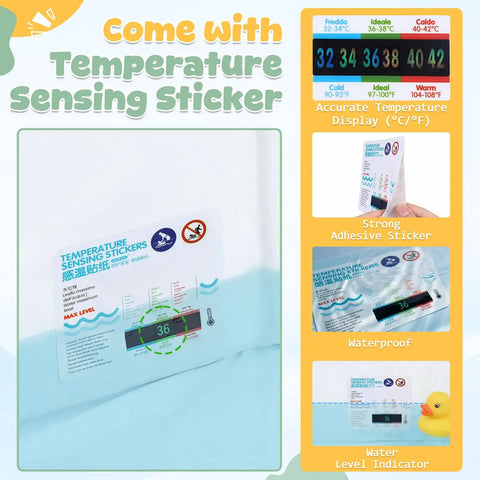 No Sweat Portable Folding Toddler Bathtub Equipped With Reliable Temperature Indicator Sticker And Swift Side Drain Valve For Effortless Rinsing And Compact Home Use with temperature sensing sticker detail.