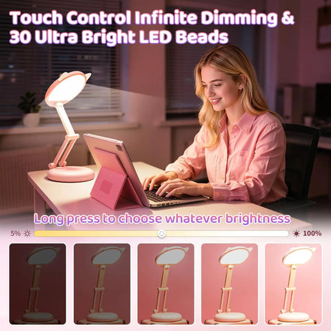 Woman using Pink Foldable Desk Lamp For Dorm Rooms And College Girls Rechargeable And Dimmable Portable Cat Lamp at a desk