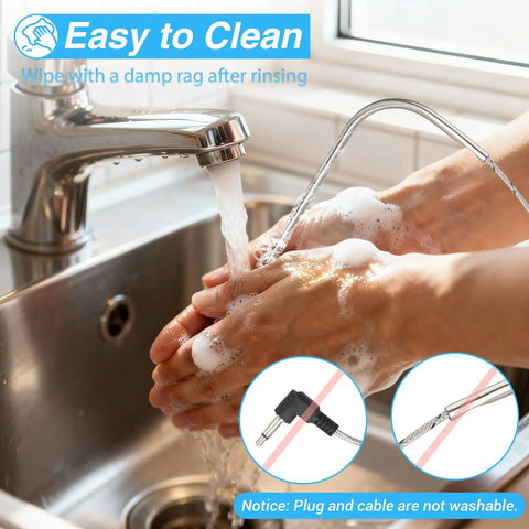 Demonstrating washing silicone meat probe from BBQ Thermometer Probes Kit For Wood Pellet Grills with running water and soap.