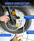 MR CARTOOL brake bleeder kit installed on motorcycle front brake; white 1L bottle, magnet mount, oil suction hose.
