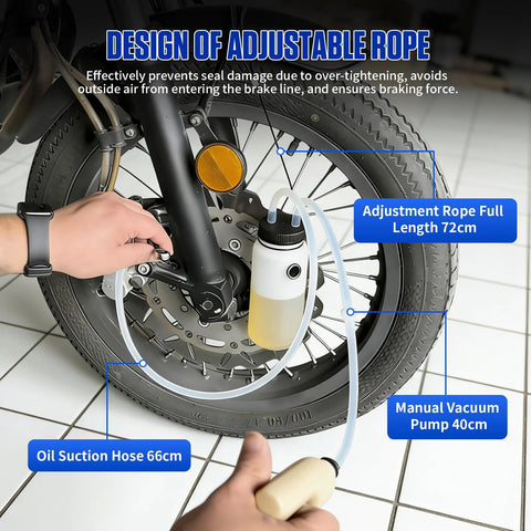 MR CARTOOL brake bleeder kit installed on motorcycle front brake; white 1L bottle, magnet mount, oil suction hose.