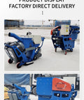 Concrete Floor Shot Blasting Machine For Industrial Floor Prep And Surface Refinement, Road Exterior Preparation Equipment For Warehouses And Road Maintenance, Tough As Nails Durable Build, High Efficiency Dust Control, Pro Grade Finish. Blue wheeled unit shown from front and side.