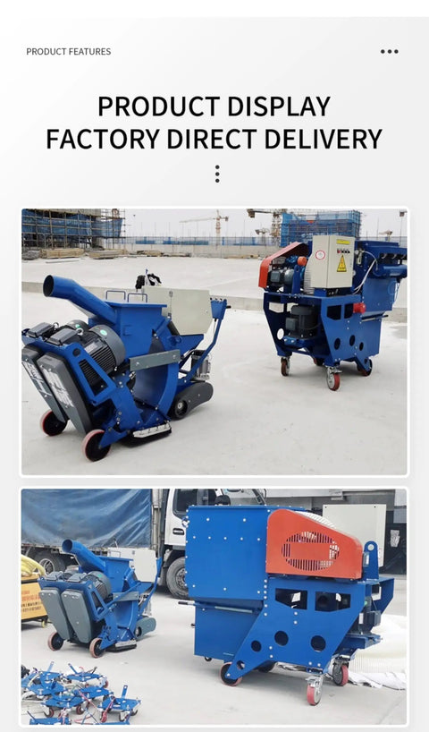 Concrete Floor Shot Blasting Machine For Industrial Floor Prep And Surface Refinement, Road Exterior Preparation Equipment For Warehouses And Road Maintenance, Tough As Nails Durable Build, High Efficiency Dust Control, Pro Grade Finish. Blue wheeled unit shown from front and side.