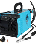 Blue 125 Amp Flux Core MIG Welder For 120V Home DIY Projects Gasless Welder Kit with wire feed, inverter, and plug adapter.