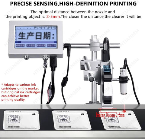 High Speed Online Industrial Inkjet Batch Coder Machine For Printing Date Barcode Logo And Graphic On Production Line. Display with nozzle and printed labels.