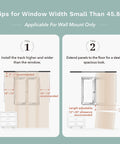 Diagram showing installation tips for 99.99 Percent Blackout Vertical Blinds With Extendable Track, Privacy Curtain Panels, Denim Stitch Fabric.