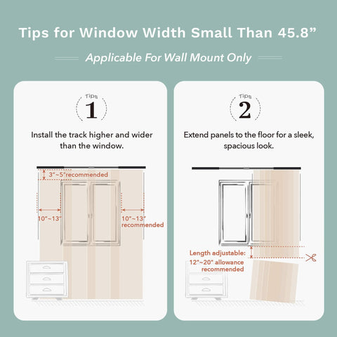 Diagram showing installation tips for 99.99 Percent Blackout Vertical Blinds With Extendable Track, Privacy Curtain Panels, Denim Stitch Fabric.