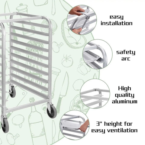 Mobile 10 Tier Bun Pan Rack With Wheels, Heavy Duty Aluminum Sheet Pan Rack Holds 10 Full Size Or 20 Half Size Pans, 90 Lb Per Shelf
