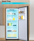 Slick 11 Cu Ft Convertible Freezer And Upright Refrigerator Featuring Frost Free Tech Heavy Duty Glass Shelves Badass Reversible Door And Straight Up Garage Ready Build For Storing Steaks And Bulk Groceries In Sleek Black with interior LED light on.