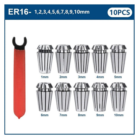 Er16 Collet Chuck Kit 10 Pcs With Wrench 1-10mm Pro Grade Spring Chuck Clamping Tool for CNC Lathe and Milling Cutter