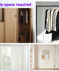 Adjustable 29 To 71 Inch Clothes Line Pole with dual hooks for indoor and outdoor use, showing use in closets and on curtains