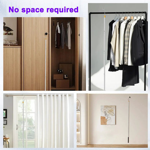 Adjustable 29 To 71 Inch Clothes Line Pole with dual hooks for indoor and outdoor use, showing use in closets and on curtains