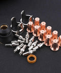 Premium 24-Piece Plasma Cutting Consumables Kit For PT40 CUT55 CUT65 Torches includes copper nozzles, tips, and protective covers.