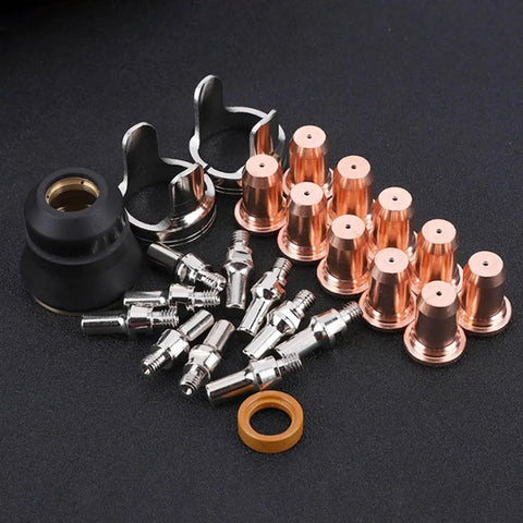 Premium 24-Piece Plasma Cutting Consumables Kit For PT40 CUT55 CUT65 Torches includes copper nozzles, tips, and protective covers.