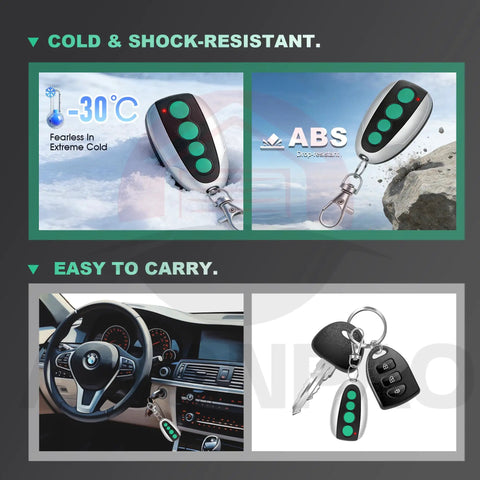 Three Pack M12 Gate Opener Remote For Swing Sliding Gates With Four Button Controls And Industrial Grade Chip 433.92MHz Compatible With Aleko Lockmaster Carsa And More 5 Year Warranty, showing cold and shock resistance and keychain use