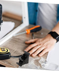 Veemoon two-pack folding hinges for table legs, black metal, shown with tape measure and screwdriver on wood surface.