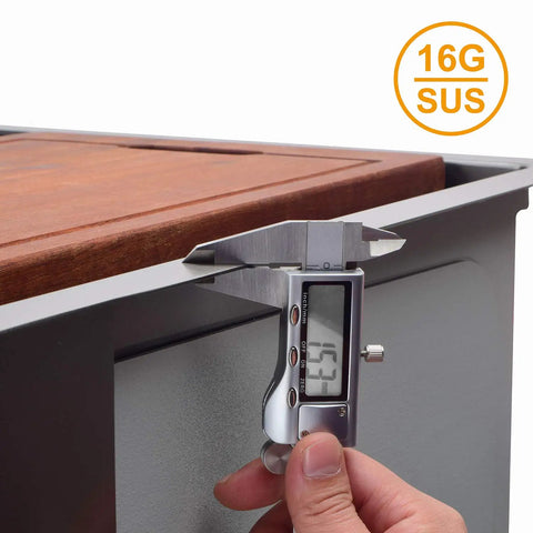 Measurement of 16 Gauge thickness on Undermount Gun Metal Stainless Steel Kitchen Sink With 16 Gauge Deep Single Bowl Bottom Grid