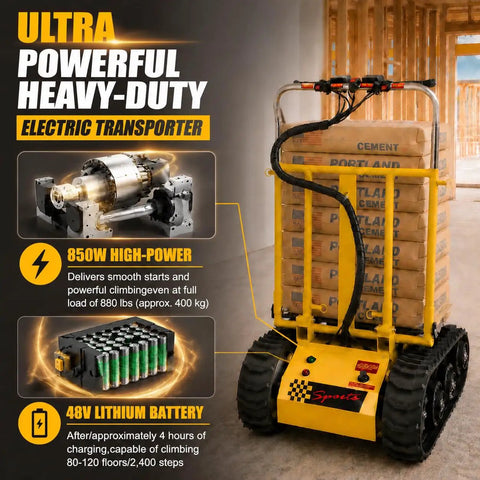 Beast Of A Foldable Electric Stair Climber Dolly For Stairs And Floors, 360 Degree Turn, Heavy Lifting Up To 880 Lbs, Long Life Battery, 850W Motor, Removable 48V Lithium Battery, Fast Charge, Low Energy Consumption moving cement bags on site