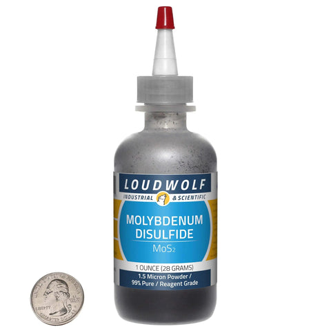 Molybdenum Disulfide MoS2 1 Ounce Bottle 99 Percent Pure Reagent Grade 1.5 Micron Powder For Lubrication Industrial Lab Use Slippery Tech Grade For Coatings And Machinery Use next to a quarter coin for size reference.