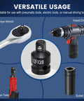 10 Piece Socket Adapter Set For One Quarter Three Eighths One Half Inch Drives With Reducers Universal Joints And Drill Adapters CrMo Steel Built Tough Heavy Duty Impact Gear For Auto Repair And DIY Projects used with torque wrench, impact driver, and power tools