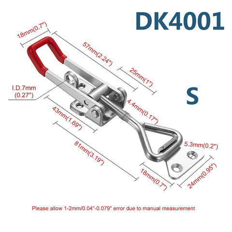 Heavy Duty Toggle Latch Pair Quick Release Cabinet Hasp Rugged Steel Clasp With Snap Tight Lever Pull And No Sweat Screw Fasteners For Toolboxes And Gear Secure Lock Down with measurements and red handles.