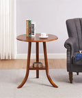Smooth Industrial TV Table With Open Storage Shelves, Solid Pine Legs And Rounded Corners, Quick Setup For Living Room Or Home Office, Retro Brown Finish Brings Serious Chill Vibes with books and a cup on top.