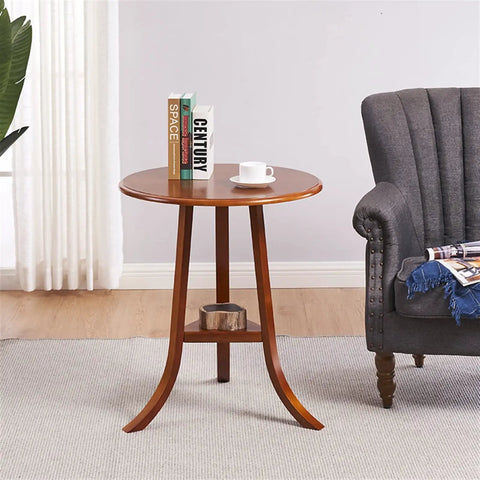 Smooth Industrial TV Table With Open Storage Shelves, Solid Pine Legs And Rounded Corners, Quick Setup For Living Room Or Home Office, Retro Brown Finish Brings Serious Chill Vibes with books and a cup on top.