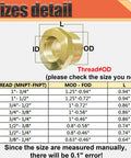 Brass hex reducer bushing, 3/4 in MNPT to 1/4 in FNPT pipe fitting.