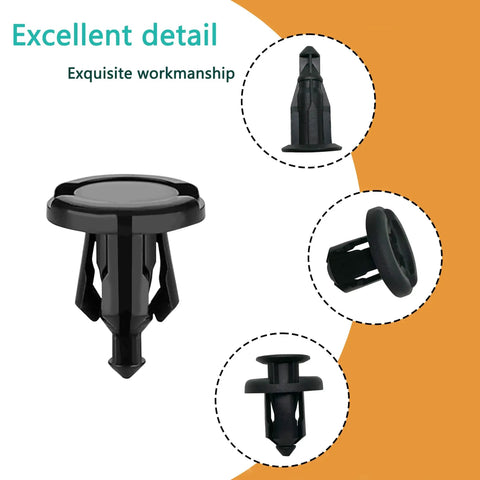 Kickstart Your Ride Fix With Heavy Duty One Hundred Piece Bumper Clip Set For Honda And Acura Vehicles Including Civic Accord Crv Bodies Featuring Rock Solid Nylon Retainer Pins Plus Quick Install Tool Included showing black nylon retainer clip detail.