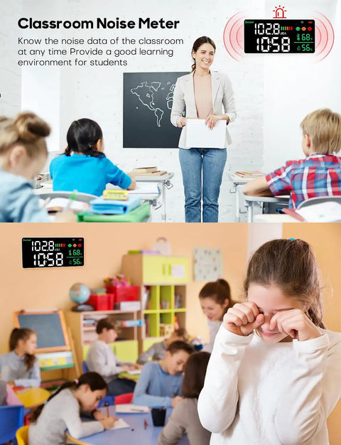 Teacher in classroom with noise meter displayed, students at desks, child in tears, illustrating noise impact on learning