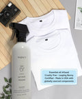 Straight Up Game Changer Travel Size Wrinkle Remover And Static Cling Eliminator With Fresh Linen Scent Quick Fix Odor Killer For Shirts And Pants Two Pack on a wooden surface with white shirts and camera.