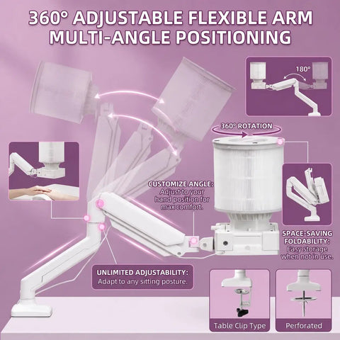 Professional Nail Dust Collector With Universal Table Mount And Tilt Adjustable Arm showcasing 360° adjustable flexible arm for custom angles.