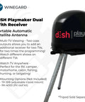 Dish Playmaker Dual With Receiver self pointing satellite antenna shown on tripod with features list for RVs and outdoors.