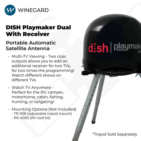 Dish Playmaker Dual With Receiver self pointing satellite antenna shown on tripod with features list for RVs and outdoors.