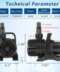Technical specifications of the Beefy 7000GPH Submersible Pond Pump for Fountains, Aquariums, Waterfalls, and Hydroponics.
