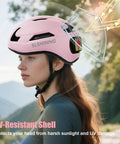 Women's LED Bike Helmet Go-To With Turn Signals And Brake Light, UV-resistant shell, pink, worn by woman outdoors, side view