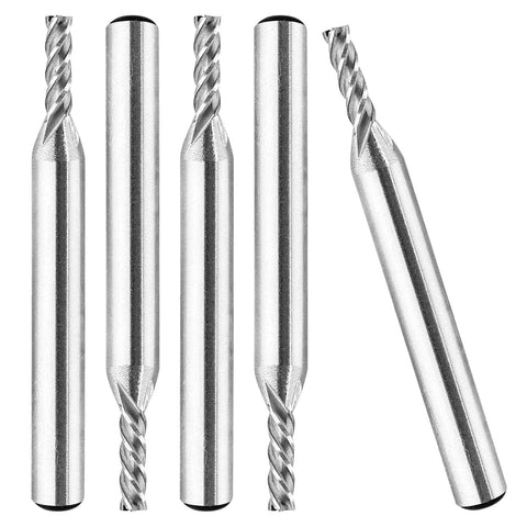 Five 1/8-inch HSS end mill bits with 1/4-inch straight shanks, 4-flute CNC milling cutters.