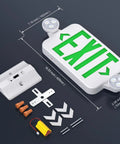 Heavy Duty LED Exit Sign And Emergency Light Combo Built Damn Tough With Double Sided Green Message showing wall mount hardware and dimensions.