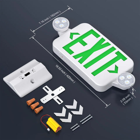 Heavy Duty LED Exit Sign And Emergency Light Combo Built Damn Tough With Double Sided Green Message showing wall mount hardware and dimensions.