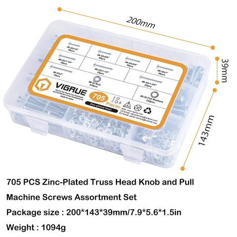 Number 8 32 Phillips Head Machine Screw Assortment Kit With Zinc Plated Steel Bolts Nuts And Washers For Cabinet Doors And Drawers 705 Piece in storage case.