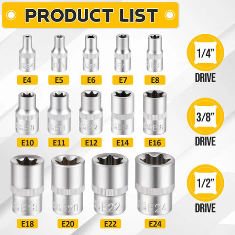 14 Piece E-Torx Socket Set With 1/4 3/8 1/2 Inch Drives External Torx Star Sockets E4-E24 product list