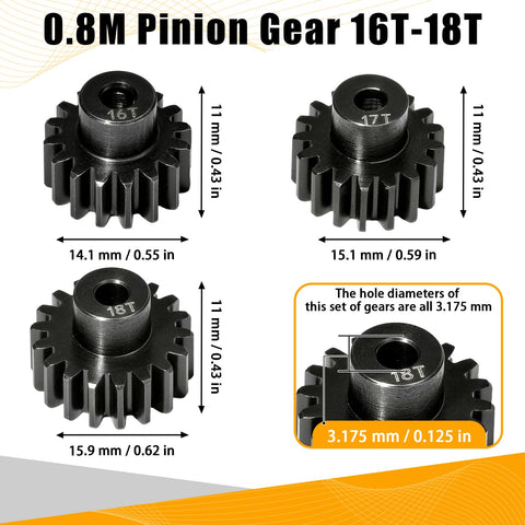 0.8M Pinion Gear Set Hardened Steel 3.175mm Shaft 16T 17T 18T With Screws And Hex For Tamiya Traxxas Arrma Axial Losi HPI 1/10 RC Car Brushless Upgrade