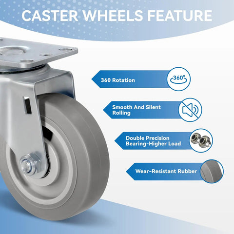 Close-up of Heavy Duty 4 Inch Casters Set Of 4 Built Tough With Quiet Thermoplastic Rubber Wheels featuring 360 rotation and smooth rolling.