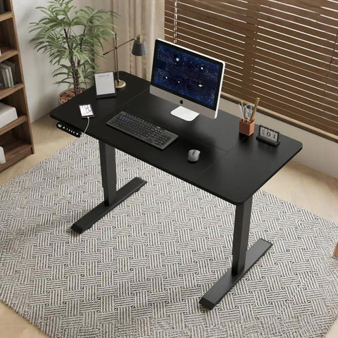 Rock Solid 55 Inch Electric Standing Desk With Double Beam Frame For Home Office Or Gaming Setup with black finish and ergonomic workspace.
