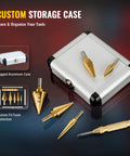 Titanium Coated Step Drill Bit Set With Automatic Center Punch For Sheet Metal 50 Sizes Across 5 High Speed Steel Bits in case