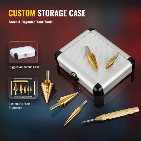 Titanium Coated Step Drill Bit Set With Automatic Center Punch For Sheet Metal 50 Sizes Across 5 High Speed Steel Bits in case