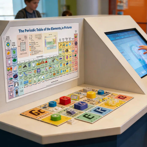 Interactive display featuring a colorful periodic table poster with real-world element pics and educational wall chart.