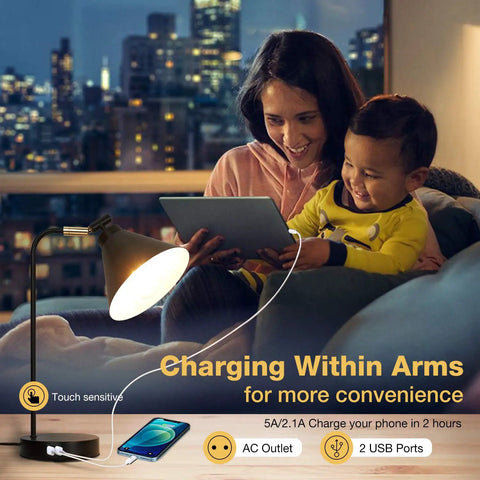 Woman and child near Dimmable Touch Bedside Lamp With 2 USB Ports And AC Outlet, flexible gooseneck lamp by a tablet and phone.