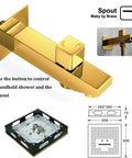 Top Shelf Ceiling Mounted Rain Shower System With 16 Inch Brushed Gold Heads Custom Led Colors And Smooth Touch Controls Hooked Up With Handheld Sprayer And Tub Spout showing golden tub spout and control features.