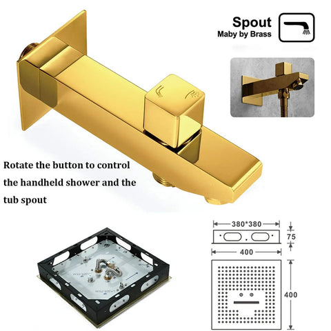 Top Shelf Ceiling Mounted Rain Shower System With 16 Inch Brushed Gold Heads Custom Led Colors And Smooth Touch Controls Hooked Up With Handheld Sprayer And Tub Spout showing golden tub spout and control features.